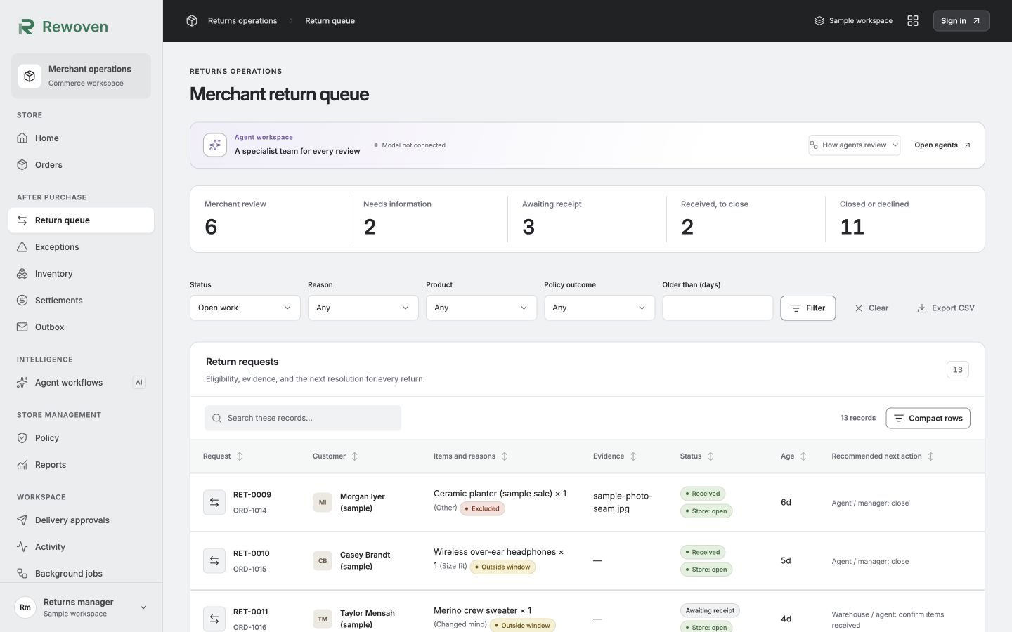 Rewoven product workspace with its sample operational queue